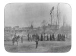 The Great Fire of Nov. 1883 - These curious folks are standing on the Jackson St. in front of the present site of the Fire Station The view is of the Fire Station. This view is of the east side of first st. from B st. to A st. Epstein's is far left, Palace hotel is far right, John Casey's in center.